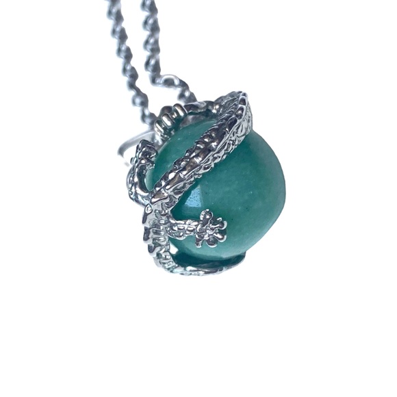 Green Aventurine Stone Silver Dragon Wrapped Ball Cylinder Faux Jade Necklace - Picture 5 of 8